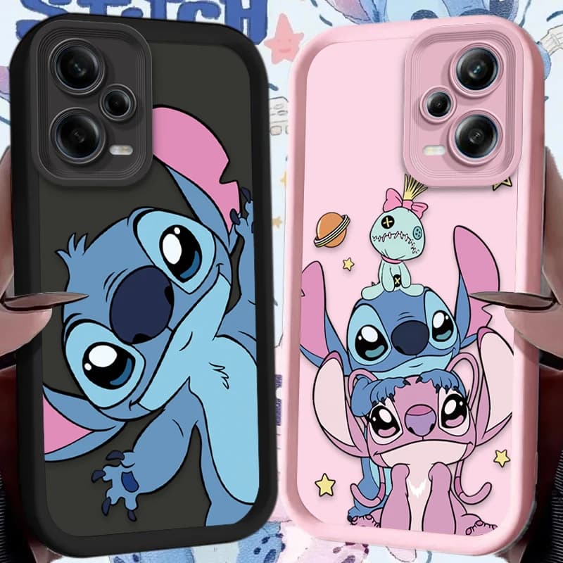 Capa macia Disney Stitch para Xiaomi Redmi com estampas de Stitch e amigos em cores preto e rosa.