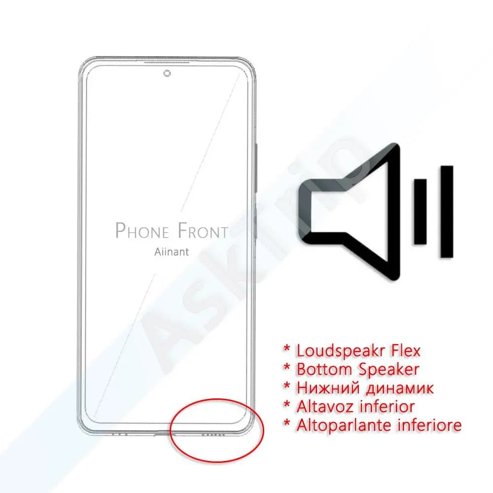 Ilustração de smartphone mostrando posição do alto-falante inferior para reposição Xiaomi Redmi Note 7