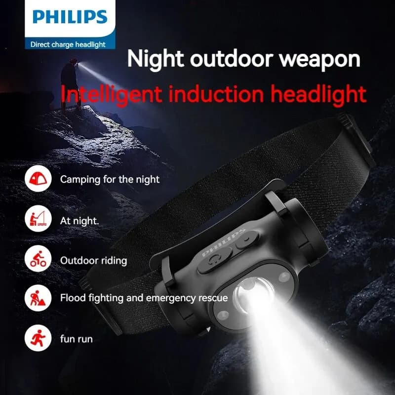 Lanterna de cabeça Philips, iluminação noturna, camping, corrida, sensor inteligente