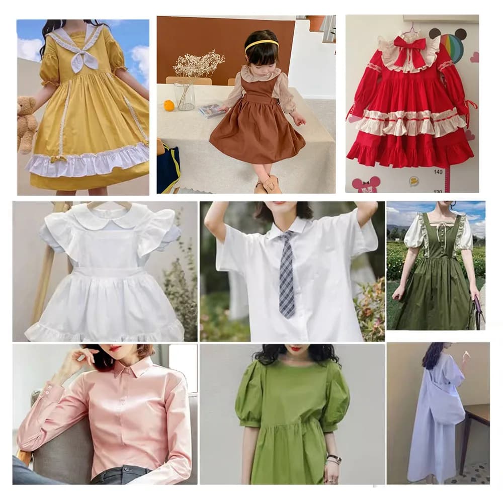 Diversos vestidos e camisas feitos com tecido popeline algodão liso para costura infantil e feminino