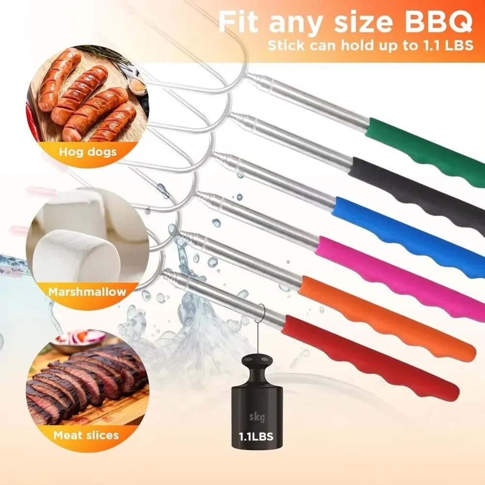 Set de 6 garfos telescópicos para churrasco com salsichas assadas