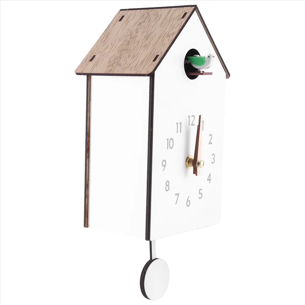 Relógio de parede quartzo design moderno cucu branco com pássaro verde e madeira clara