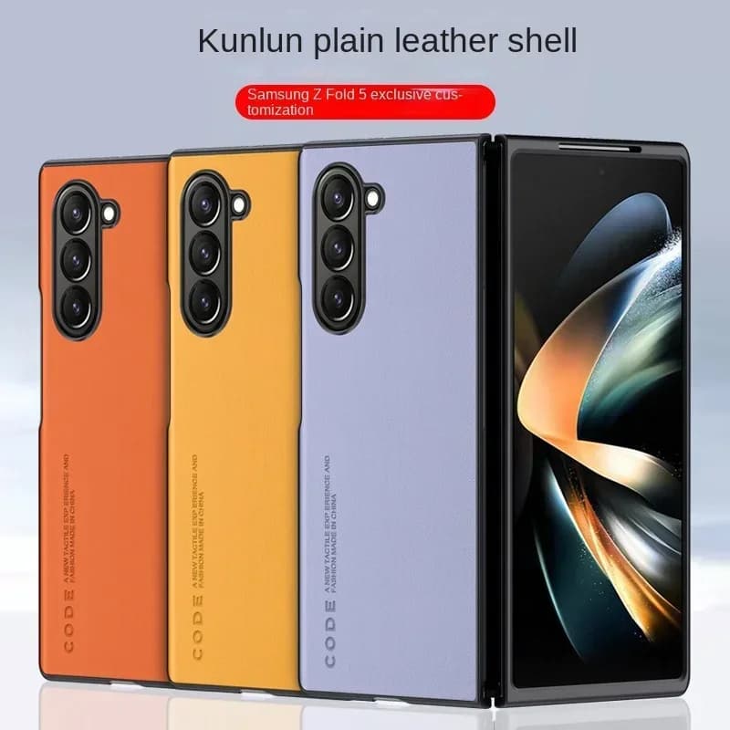 Capas para Samsung Galaxy Z Fold 7 em couro plutônio nas cores laranja, amarelo e roxo fumê