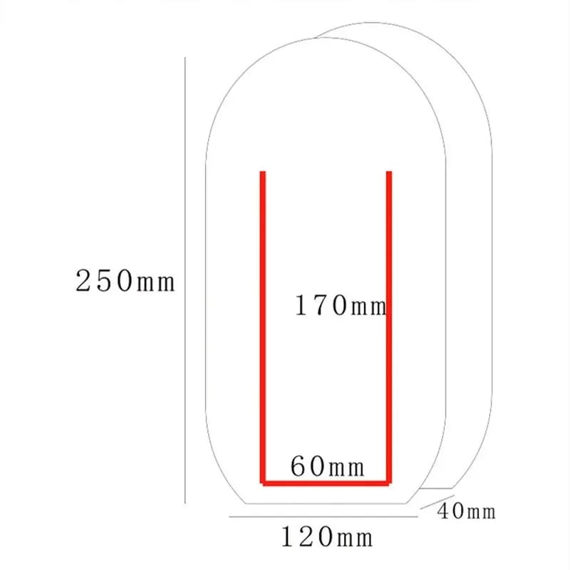 Diagrama com medidas do vaso acrílico moderno 250mm altura, 120mm largura, 40mm profundidade interna 60x170mm