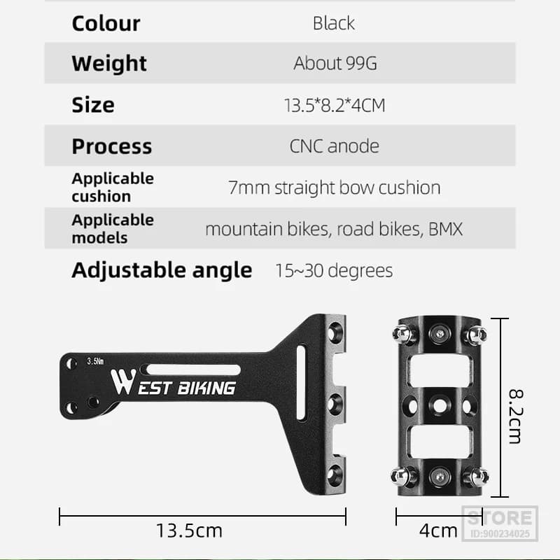 Dimensões e especificações do suporte para garrafa West Biking preto com ajuste de ângulo para bicicletas