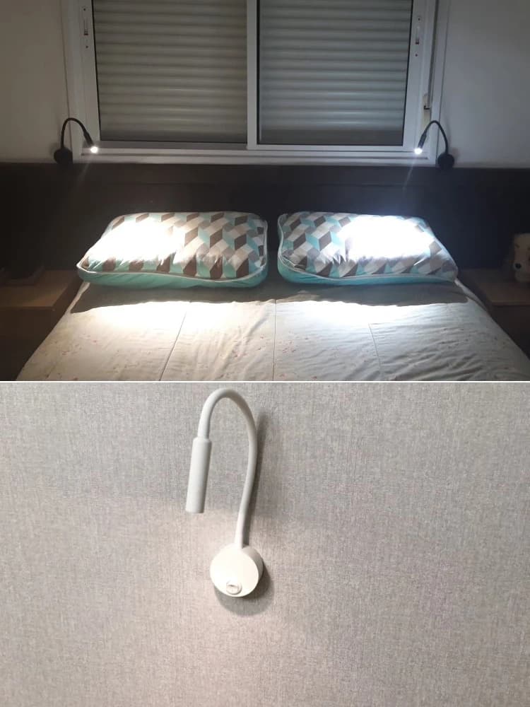 Luminárias de parede LED 3W instaladas ao lado da cama iluminando travesseiros em ambiente escuro