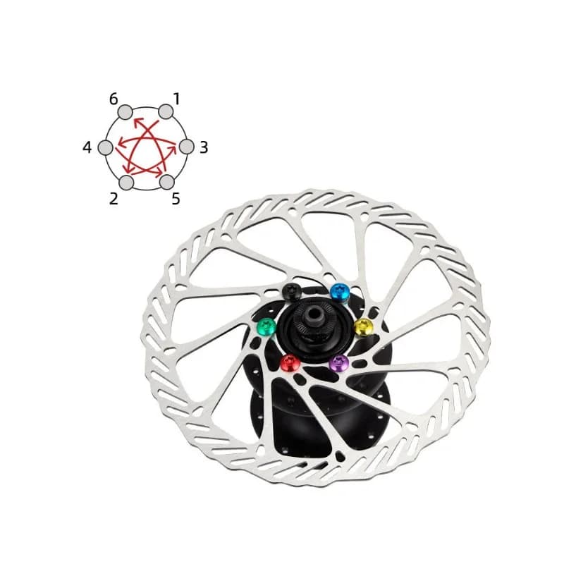 Rotor de freio a disco com parafusos coloridos para bicicleta MTB e diagrama de torque para aperto