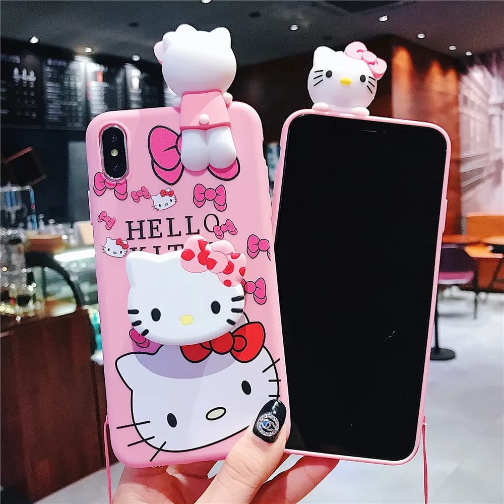 Capa Shy Hello Kitty para Samsung Galaxy A12 A11 A71 A51 A52 A22 A02s A32 A13 A53 A03s A04s A20s A33 A73 A23 com alça de suporte
