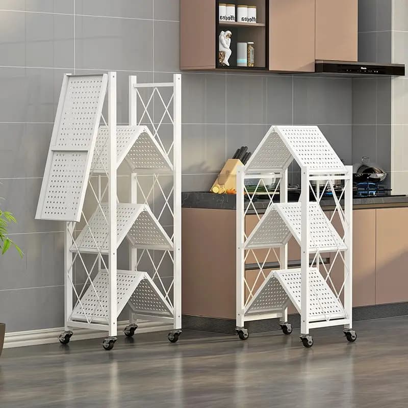 Estante multifuncional dobrável branca de metal com 5 prateleiras e rodas, compacta para cozinha