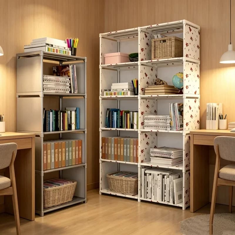 Estante de livros de múltiplas camadas com estampa floral em ambiente de escritório