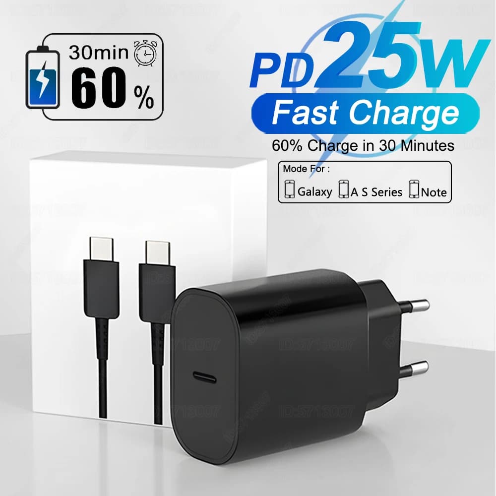 Carregador rápido PD 25W para Samsung Galaxy S23, S22, S21, S20 FE, S24 Ultra Plus com cabo USB Tipo C