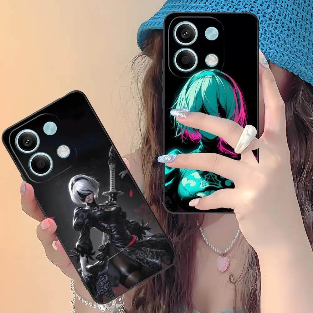Capa de telefone Xiaomi Redmi Note com arte 2B de Nier Automata em preto com detalhes neon