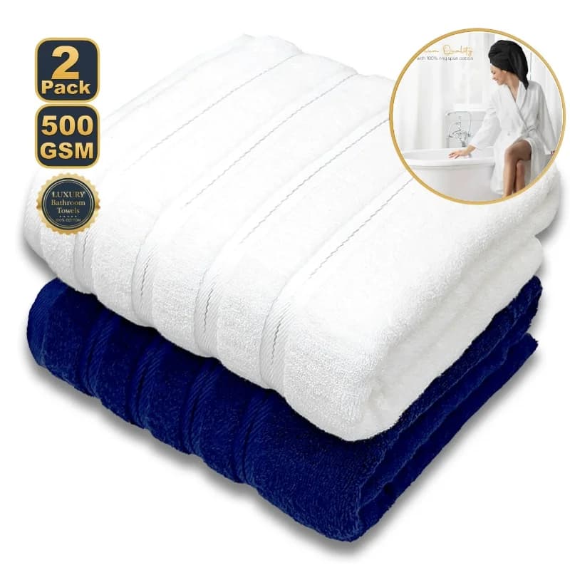 Toalhas de banho branca e azul marinho 100% algodão macias e absorventes 70x140cm kit com 2 unidades
