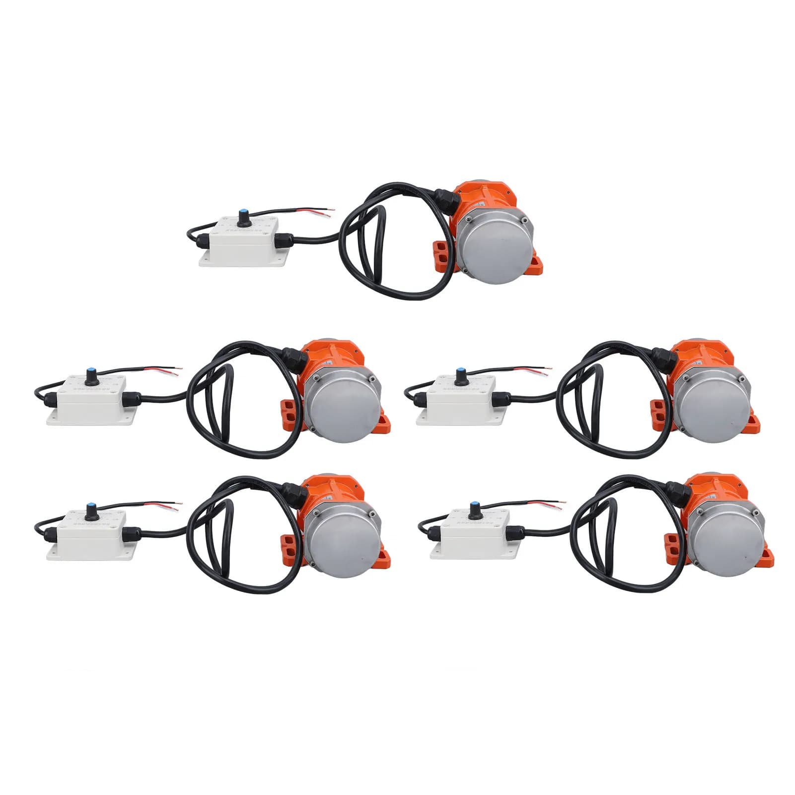 Conjunto de cinco motores vibratórios de concreto brushless laranja com controladores brancos e cabos pretos 12V DC