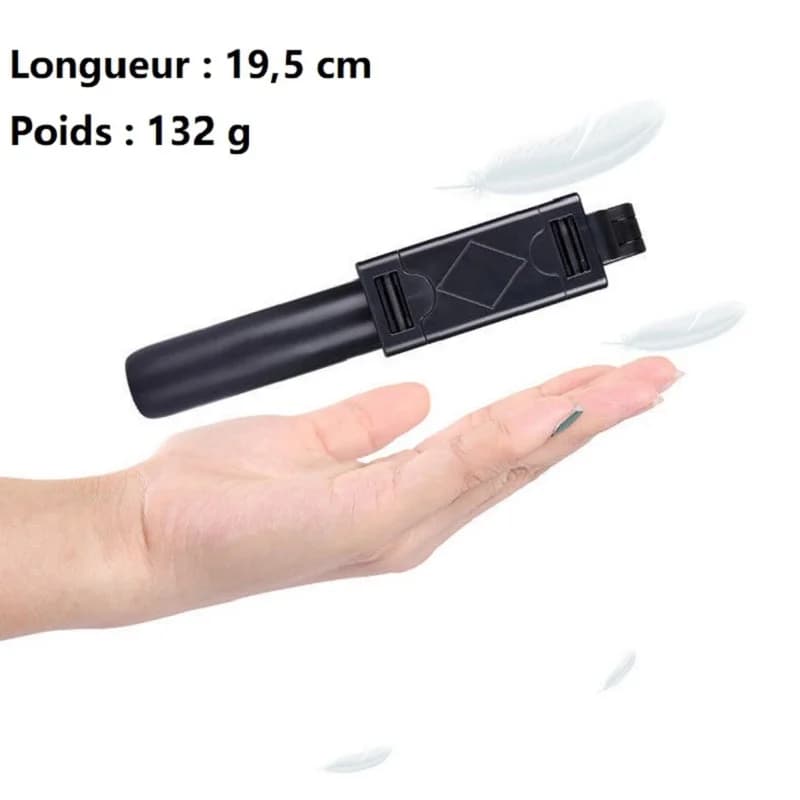 Bastão de selfie preto compacto e leve com 19,5 cm e 132 g, material resistente e portátil
