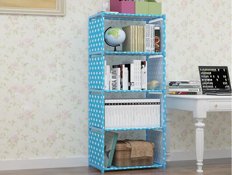 Estante para livros Jácotei azul com bolinhas brancas, 5 prateleiras, design contemporâneo para organização