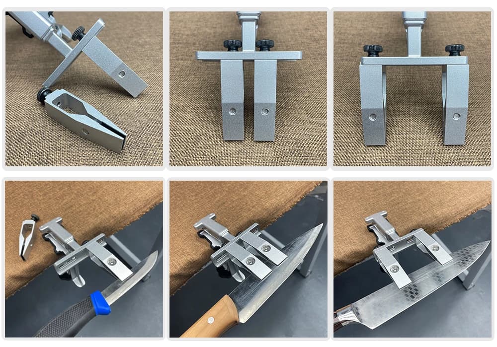 Conjunto do afiador de facas profissional com peças em metal prateado e faca sendo afiada