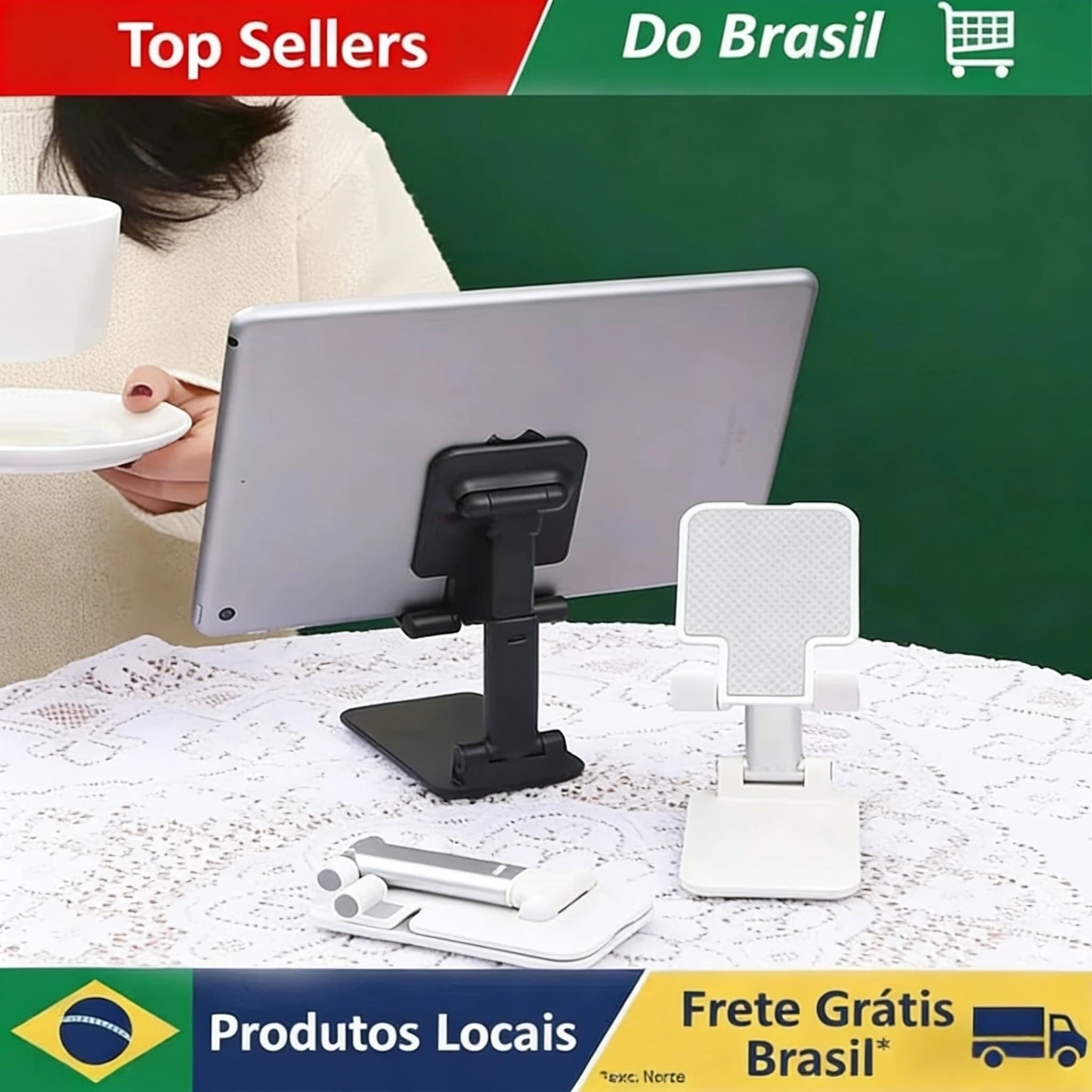 Suporte de mesa branco para celular e tablet dobrável ajustável em uso com tablet e suporte preto ao lado