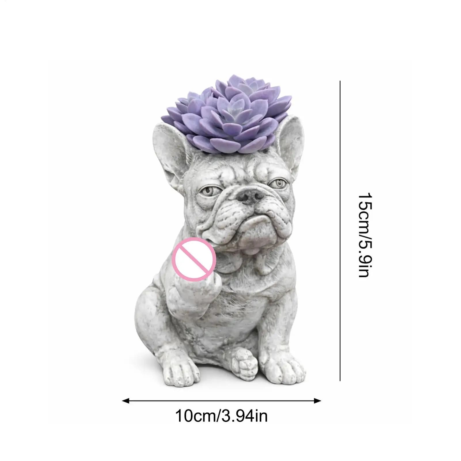 Vaso para plantas bulldog francês cinza decorativo com suculenta roxa medidas 15x10 cm