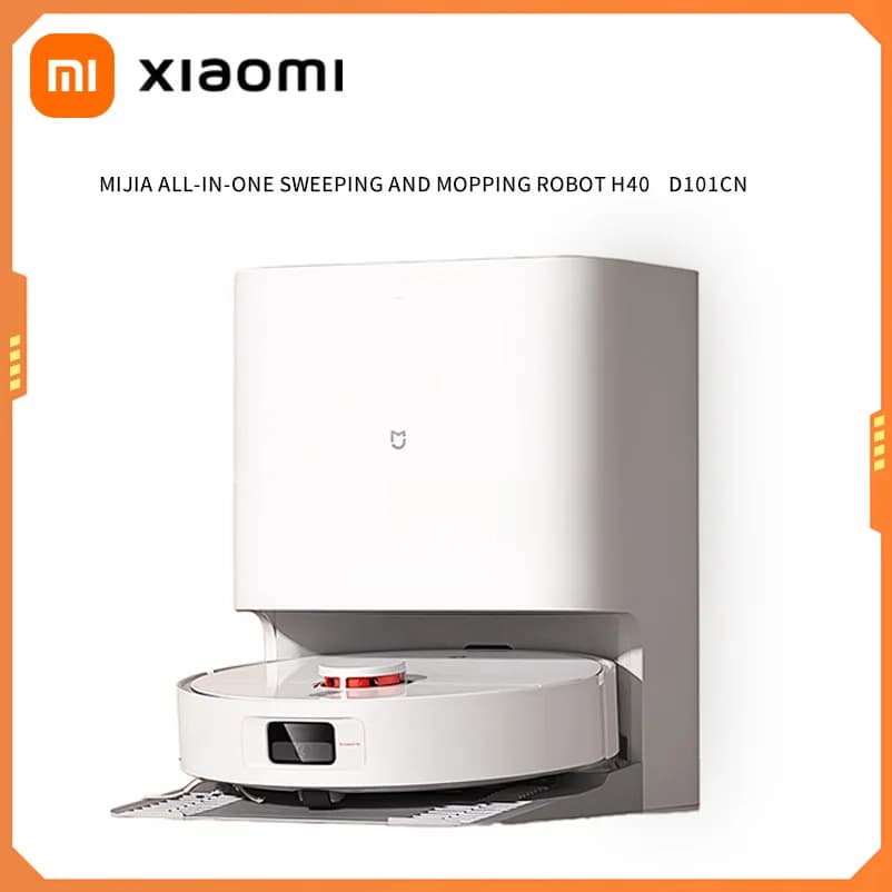 Robô aspirador Xiaomi MIJIA H40 em fundo branco com botão vermelho e sensor de navegação.