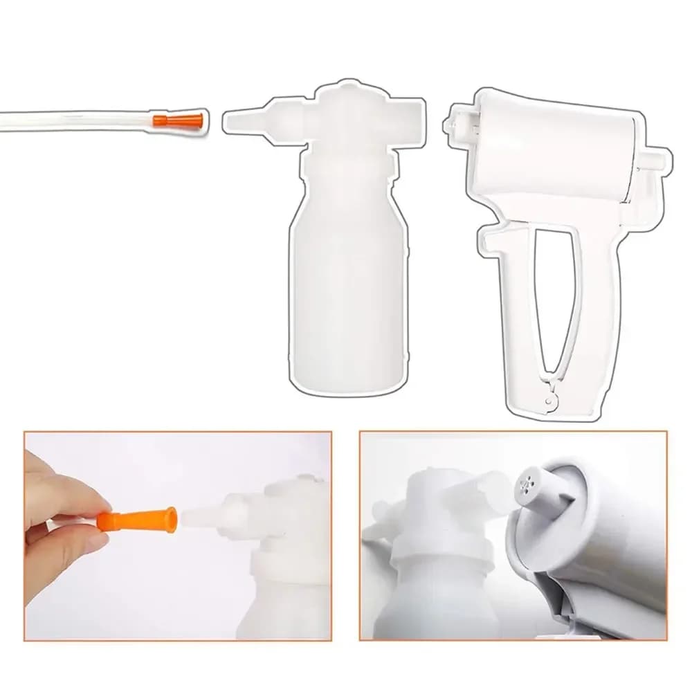 Aspirador manual de escarro portátil cinza e branco com caixa azul e branco