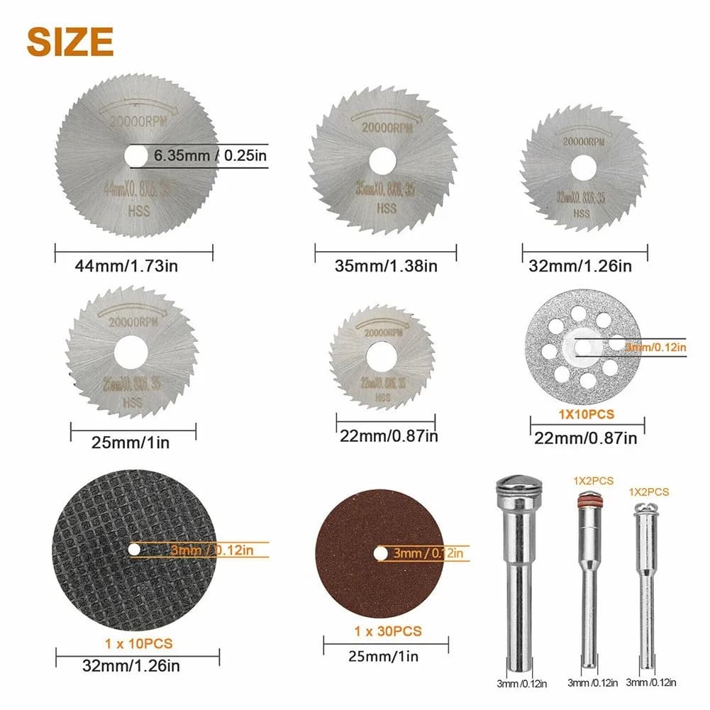 Kit de discos de corte e lâminas para ferramentas rotativas, aço HSS, resina, 60 peças, marrom, haste 3mm, vários tamanhos