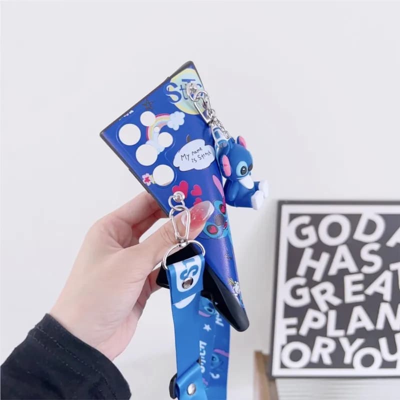 Capa de telefone azul Disney Stitch 3D com cordão antichoque sendo segurada, para Xiaomi Poco X2 X3 X4 X5 M2 M3 M4 M5
