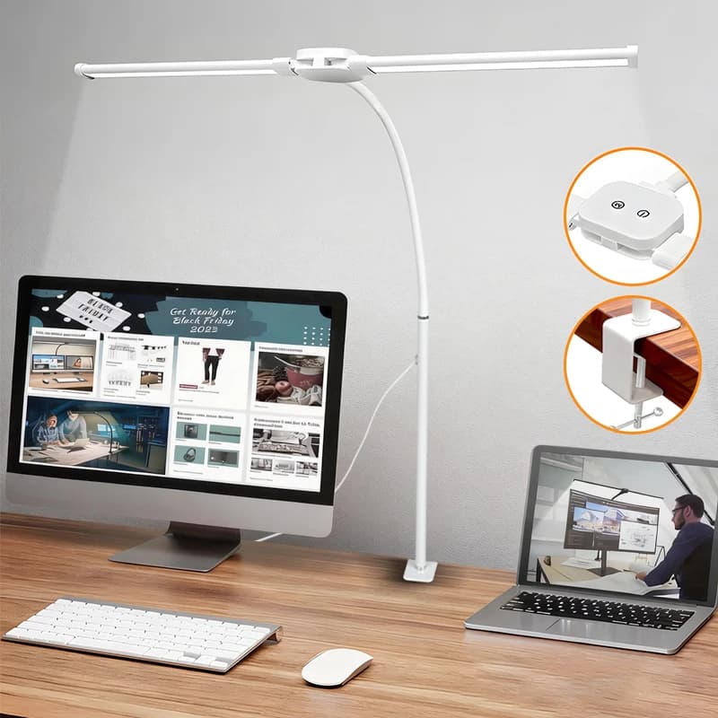 Luminária de Mesa LED com Clipe Duplo, Lâmpada de Arquiteto para Iluminação de Escritório em Casa, 3 Modos de Cor e 10 Níveis de Intensidade, Lâmpadas de Mesa Protetoras para os Olhos