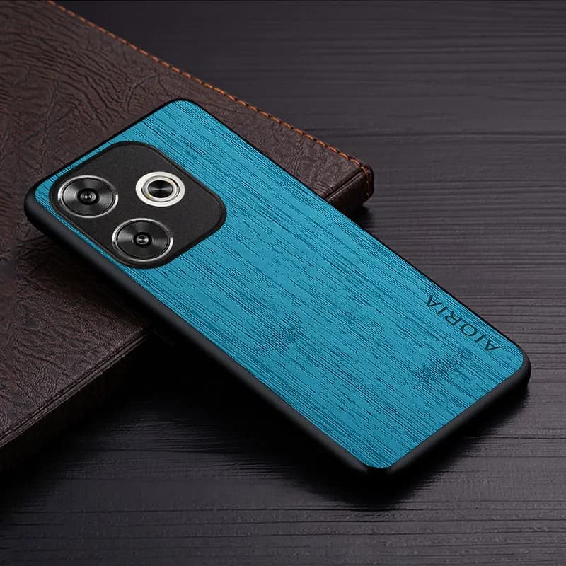 Capa para celular Xiaomi Poco F8 textura madeira couro sintético azul com logo AIORIA