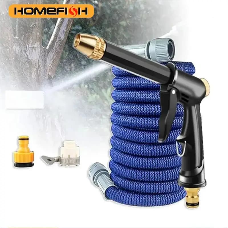 Mangueira de jardim expansível de alta qualidade com bico de alta pressão, preta e azul, com conector dourado