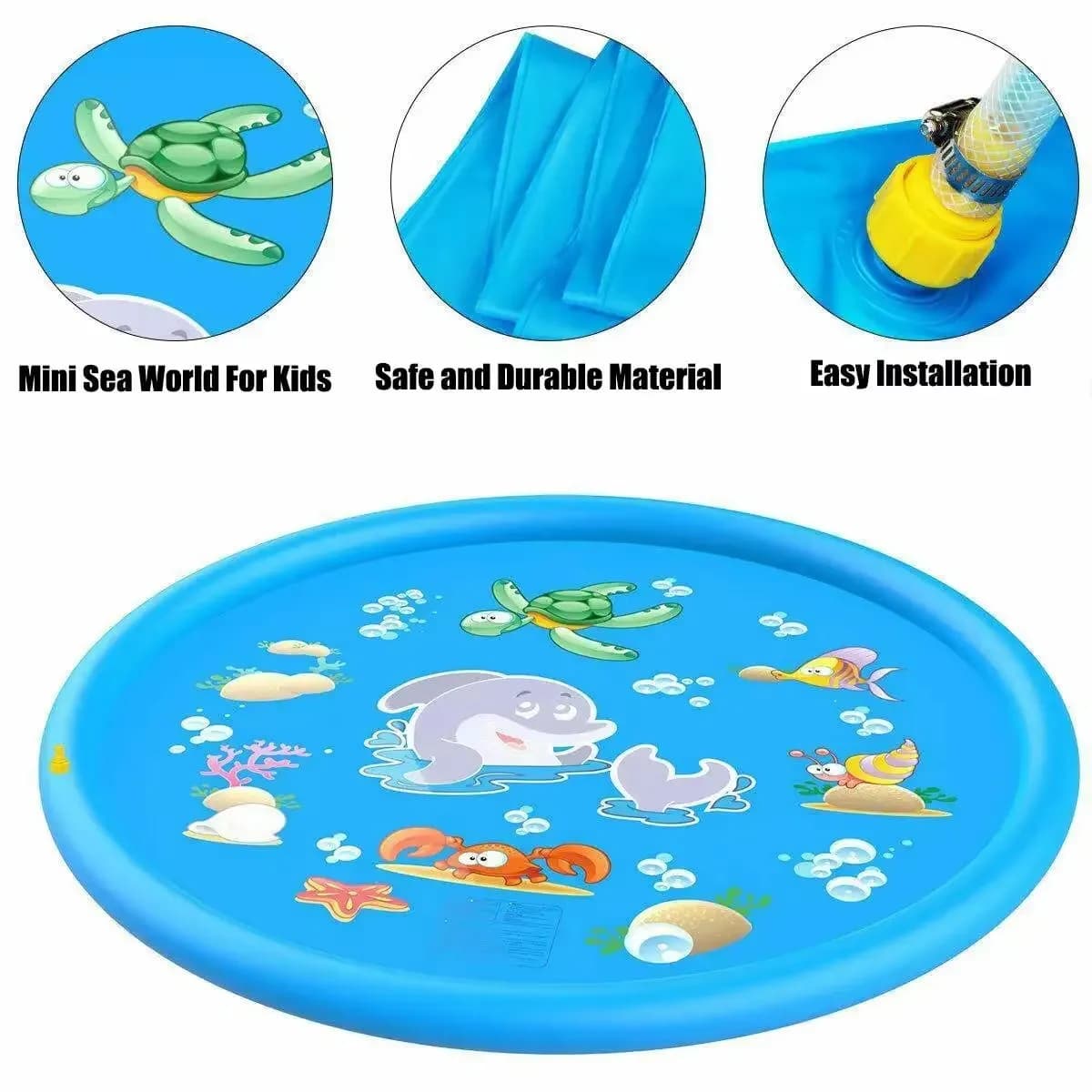 Detalhes da piscina inflável infantil Oceano Aventura azul com desenhos de animais marinhos e material durável