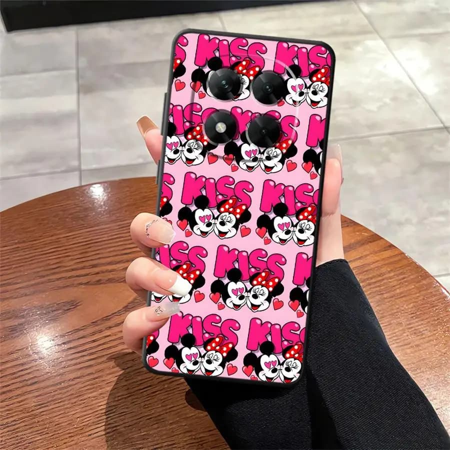 Capa rosa para Xiaomi Redmi Note com estampa Minnie e Mickey kiss antichoque resistente