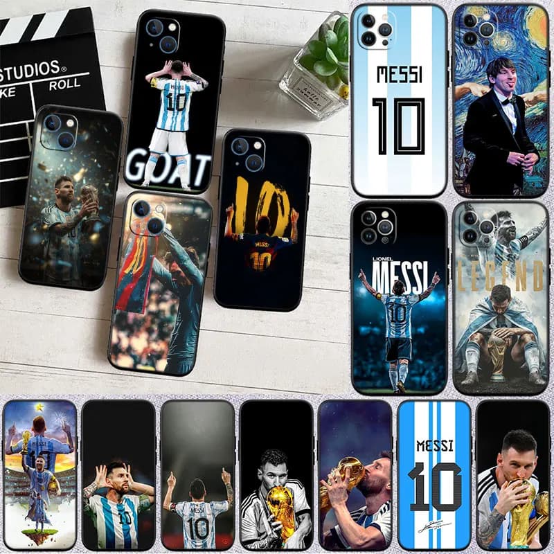 Capas de telefone com design artístico branco e azul de Messi campeão para Xiaomi Poco, várias imagens do jogador
