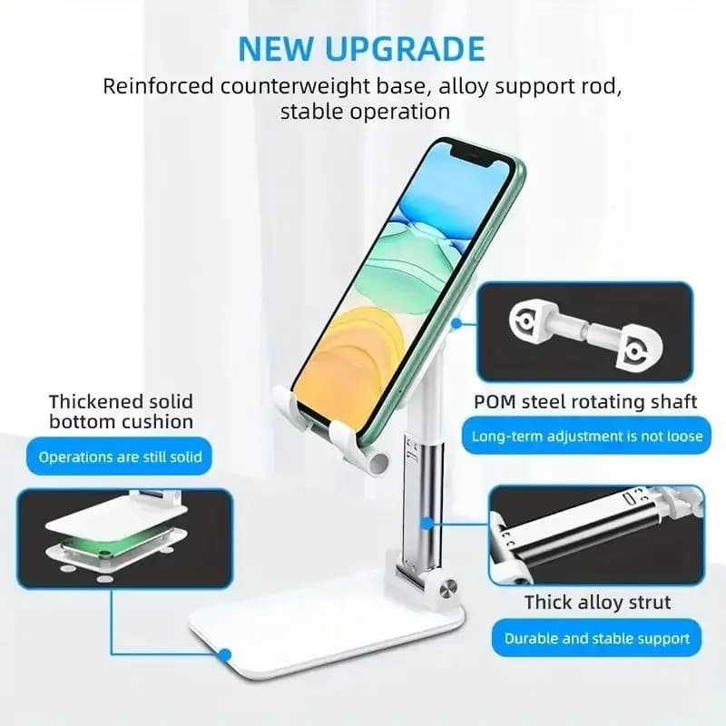 Suporte de mesa branco para celular e tablet com base reforçada e haste de liga ajustável