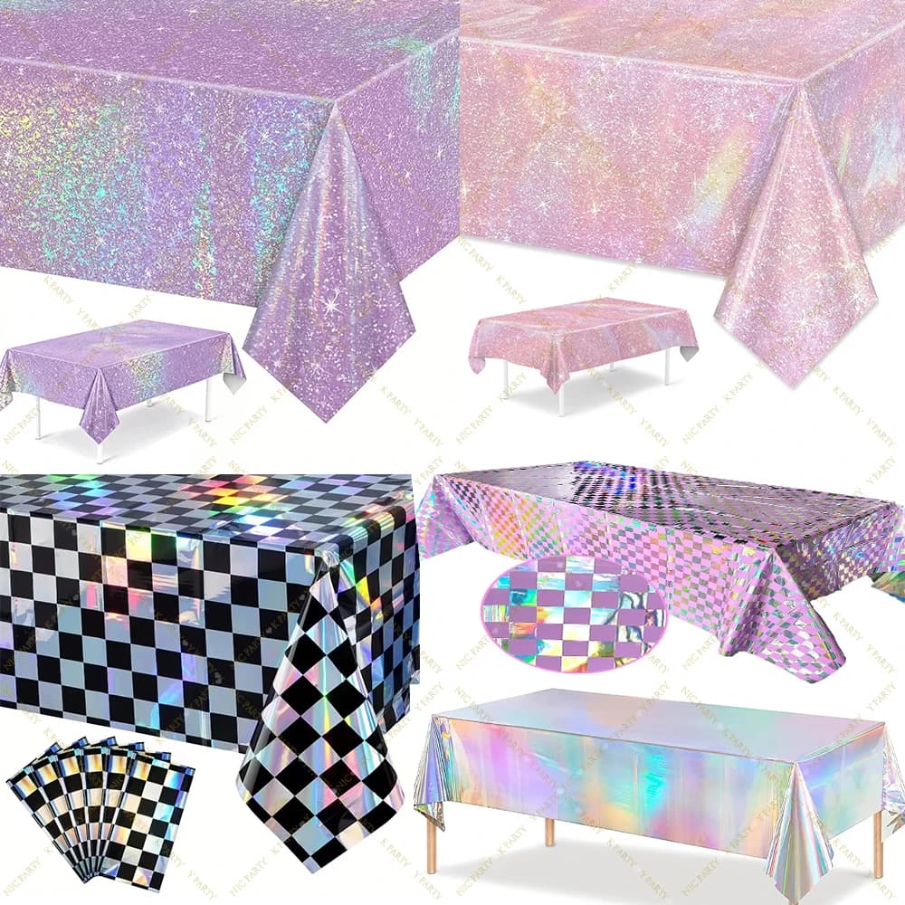 Toalhas de mesa holográficas púrpura, rosa e preto com padrões brilhantes para decoração de festas