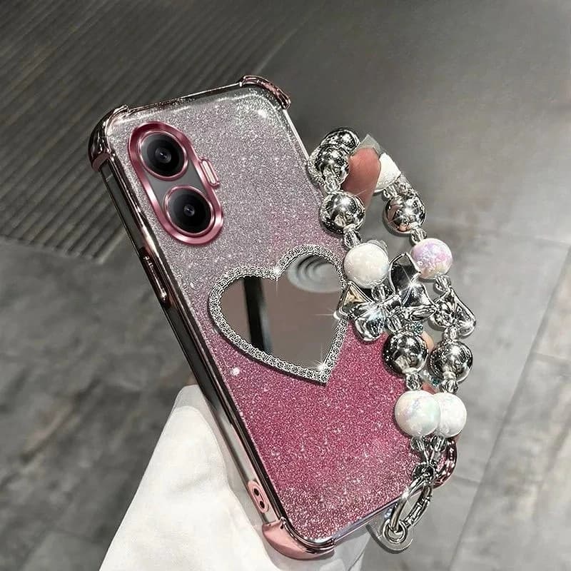 Capa para Xiaomi Poco X7 rosa com glitter e pulseira decorativa prateada com pingente de coração