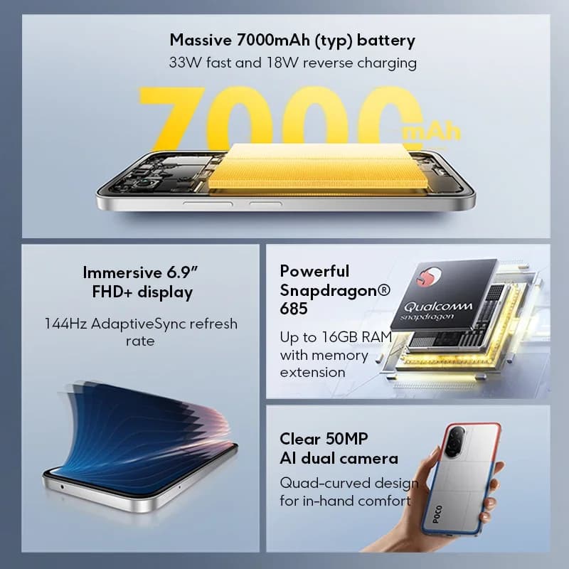 Smartphone Xiaomi POCO M7 Global com armazenamento de 128GB/256GB e carregamento rápido de 33W