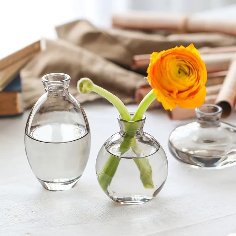 Conjunto de 3 vasos decorativos hidropônicos em vidro transparente com flor amarela