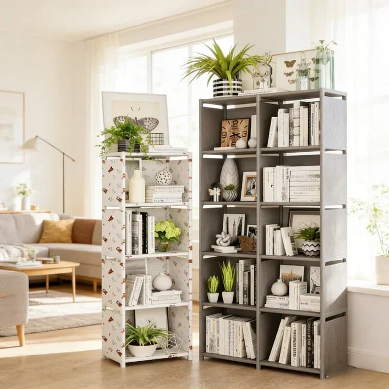 Estante de livros multicamadas cinza com design floral à esquerda e cinza escuro à direita, cheia de livros e plantas.
