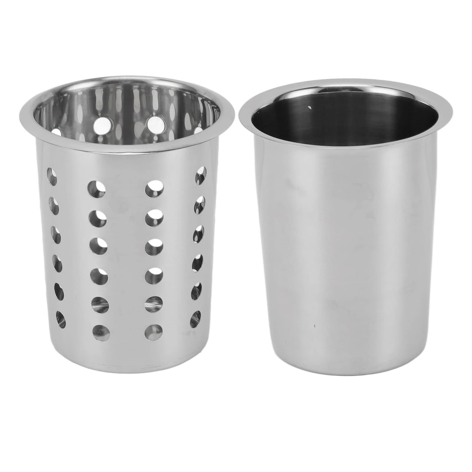 Suportes de utensílios de aço inoxidável, um com parte superior perfurada e outro sólido, contra fundo branco
