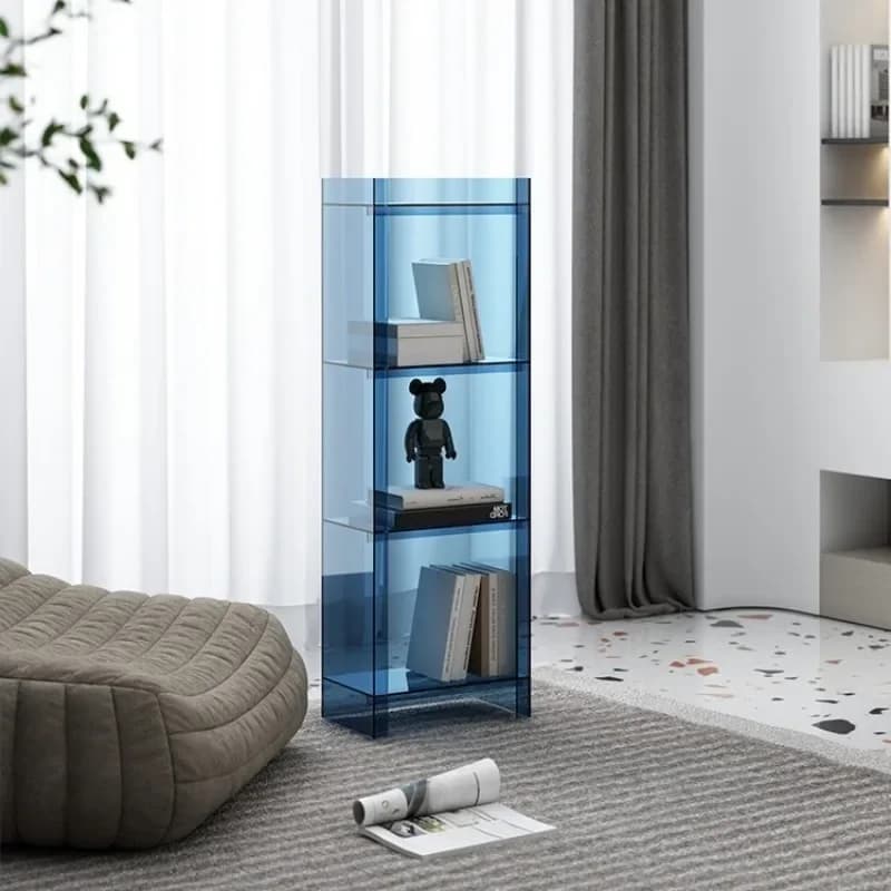 Estante estreita multiuso pequena azul transparente em madeira maciça com prateleiras para livros e decoração