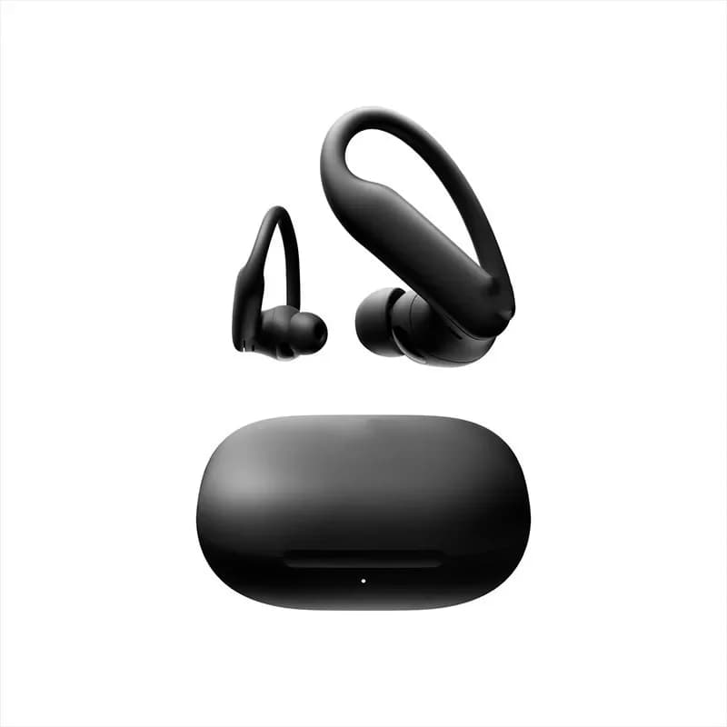 Fones de ouvido esportivos pretos com estojo de carregamento