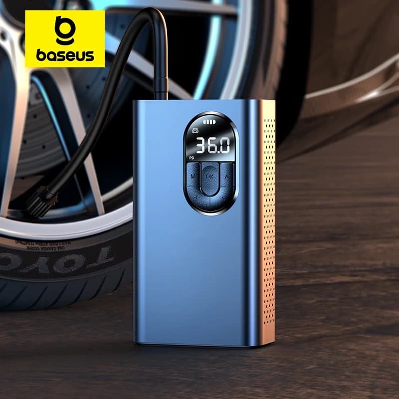 Bomba inflável portátil Baseus para pneus de carro, azul e dourada, com tela digital mostrando 36.0 PSI.