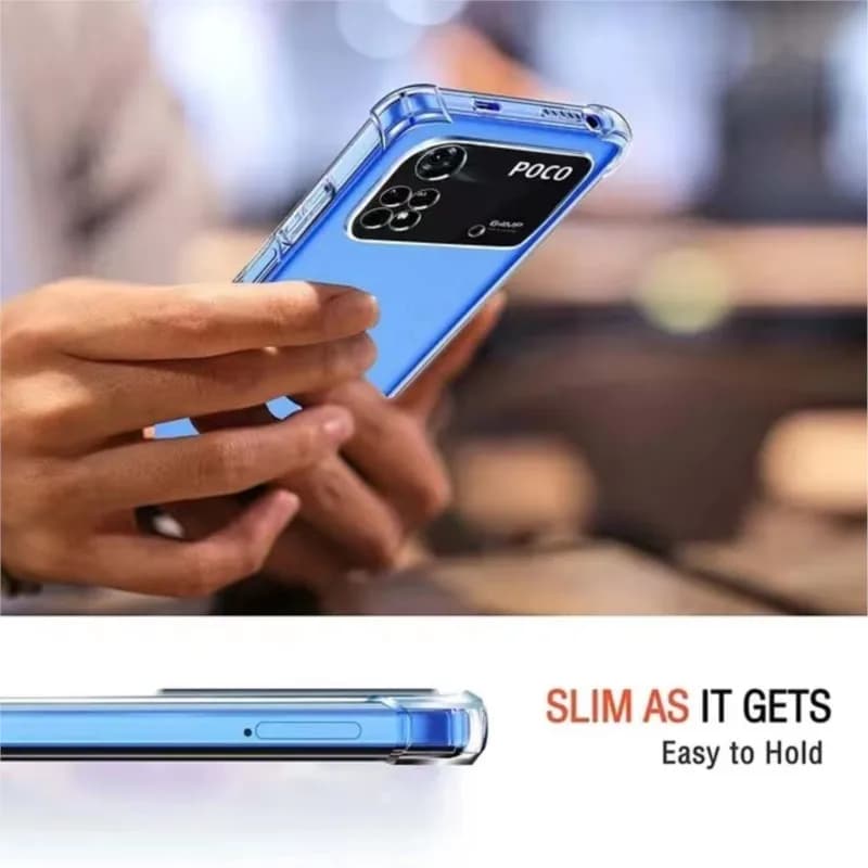 Capa transparente à prova de choque para Xiaomi POCO, vista frontal e traseira, azul transparente com bordas prateadas