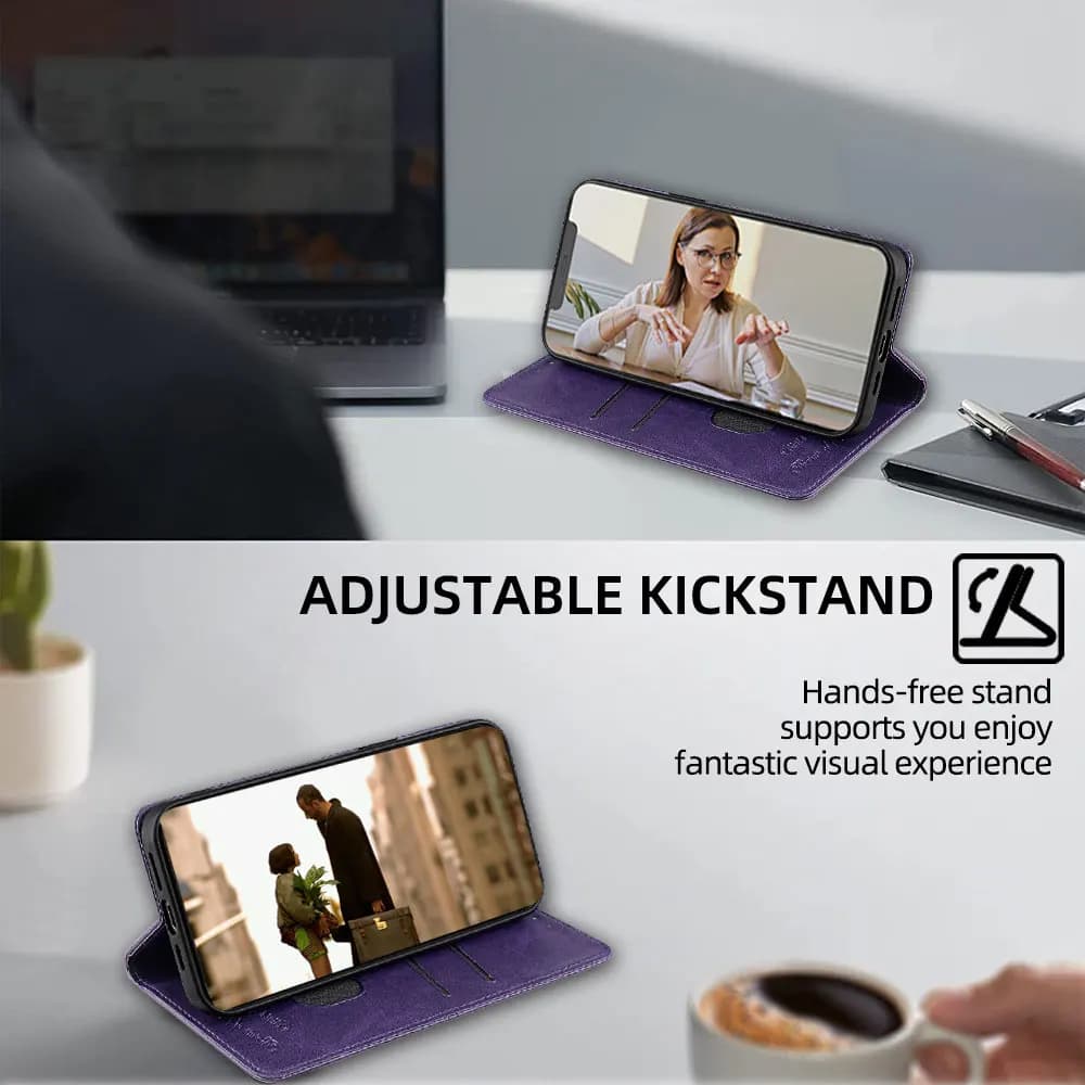 Capa para Xiaomi Redmi A3 13 roxa com suporte ajustável para visualização mãos livres em couro