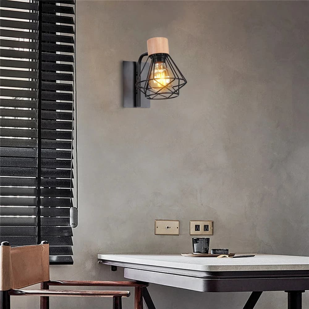 Vintage conduziu a luz de parede retro loft industrial lâmpada parede e27 madeira ferro preto gaiola abajur arandela iluminação interior wandlamp