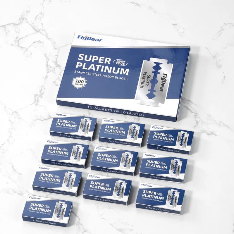 Pacote de lâminas de barbear FlyGear Super Platinum, 10 lâminas de barbear de borda dupla, aço inoxidável