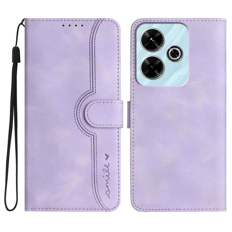 Capa carteira lilás para Xiaomi Poco F6 em couro sintético com suporte magnético e alça para pulso