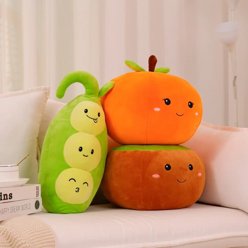 Conjunto de travesseiros de pelúcia infantil em formato de frutas e legumes coloridos, super macios