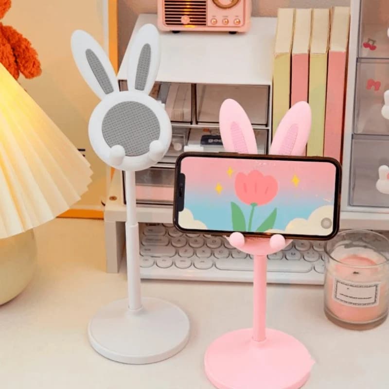 Suporte para celular coelho branco e rosa ajustável portátil para mesa com design fofo